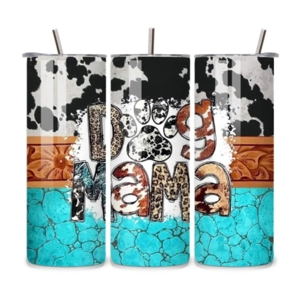 Dog Mama Cow Print Turquoise 20oz Stainless Steel Tumbler